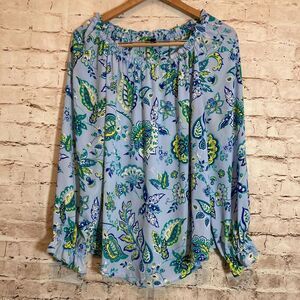 Talbots Top Womens Large Blue Floral Off The Shoulder Bell Sleeve Flowy